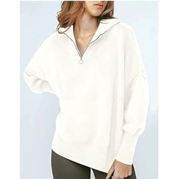 Anrabess Women XL White Oversized Sweater Long Sleeve Quarter Zip Pullover T3 - Picture 1 of 11